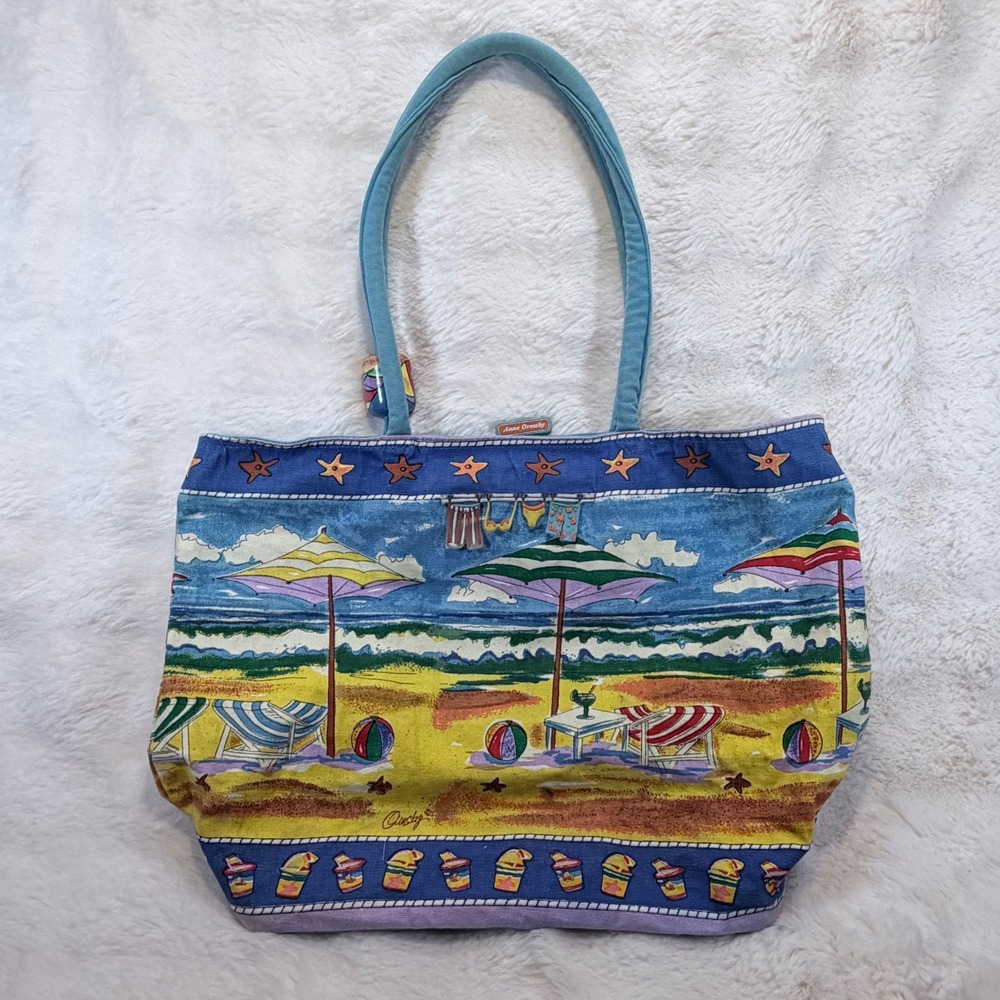 Anne Ormsby‎ Surviving Stress Beach Tote Bag Canvas Summer Scene 3D Accents Blue